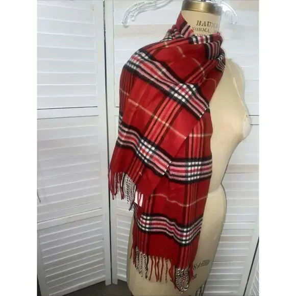 New W/ Tags V. Fraas Cashmink Red, Black & White Plaid Scarf Fringes 54”x 11” - Picture 5 of 7